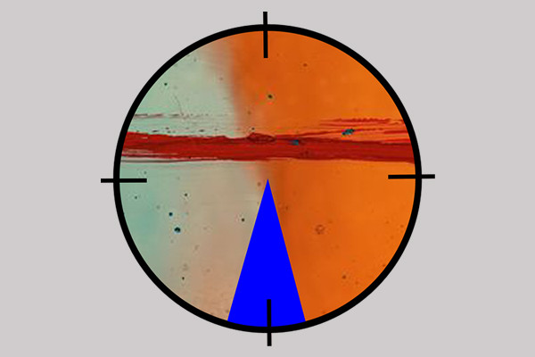 Stilisiertes Zifferblat mit blauer Markierung auf sechs Uhr