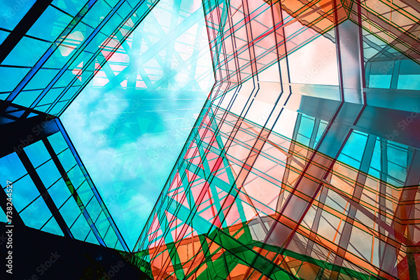 Blick auf spiegelnde Hochhausfassaden und ein sich über ihnen öffnendes Stück Himmel