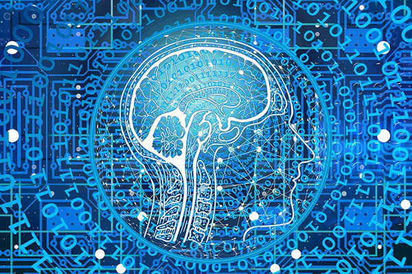 Schematische Zeichnung eines menschlichen Schädel im binären Raum